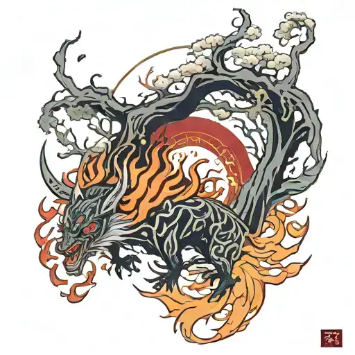 Japanese Forest River Covered In Amaterasu Flames On The Night Of The Sharingan Moon