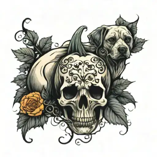 Pumpkin And Dog Skull Wrapped In Vines