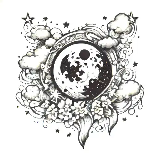 A Medium Size Moon With Stars And Sparkles With Clouds