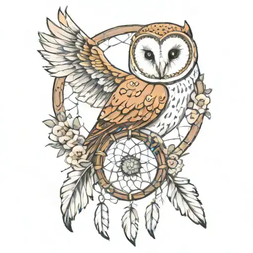 Barn Owl Sat In A Dreamcatcher With Flowers Intertwined