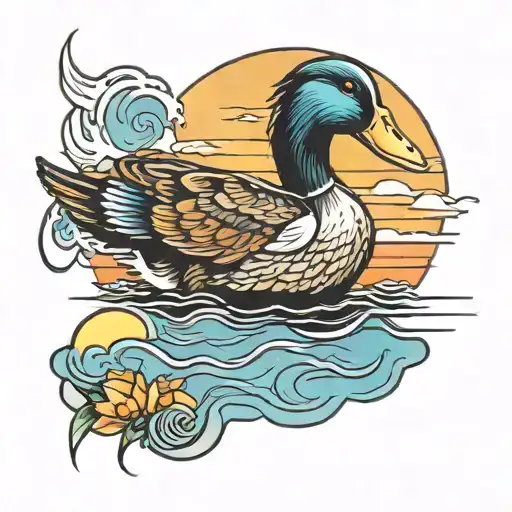 Colorful Sunset And Duck Memorial Tattoo Design