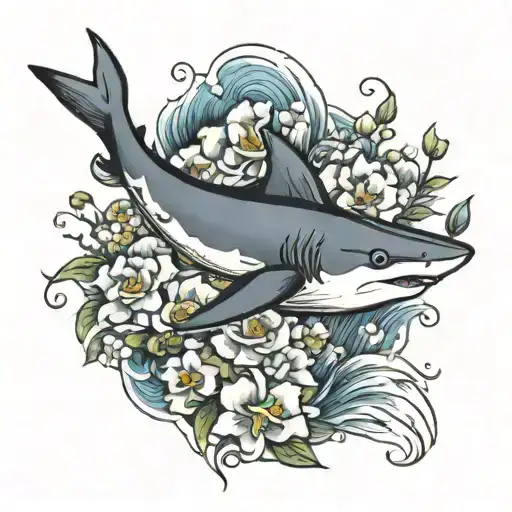 Small Shark Surrounded By Blooming Flowers And Waves