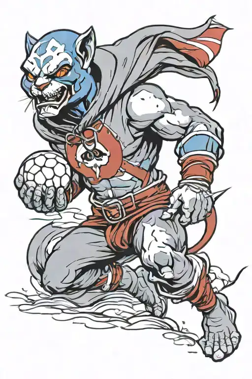 Thundercats Panthro With A Hoodie Running With A Soccer Ball And A Waving Flag