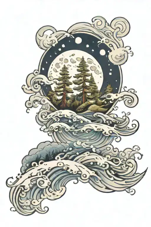 Moon Over Forest Water Waves