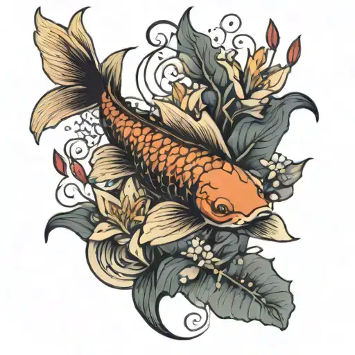 Koi Fish Swimming Through Lily Flowers