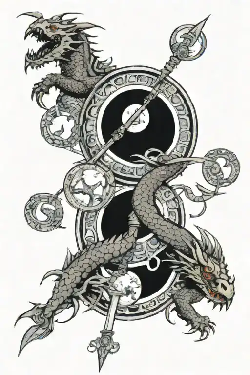 Line Of Moon Phases With Dragons And Sword