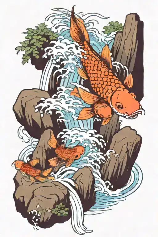 Koi Fish Jumping Up A Waterfall Surrounded By Blood Red Japanese Maple Trees