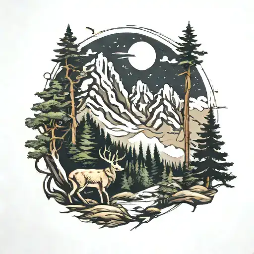 Mountain Scene With Forest With Wild Animal