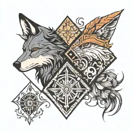 Rhombus Divided By Half On The Left Side A Wolf And On The Right A Phoenix