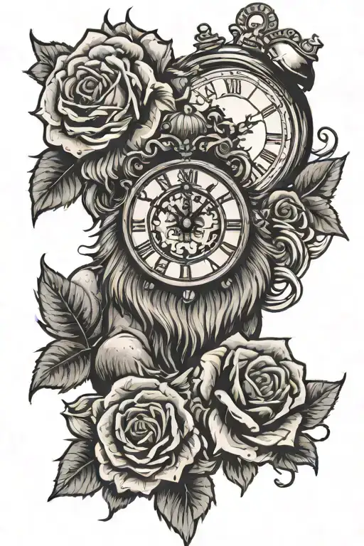 Lion And A Clock Surrounded With Roses