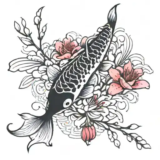 Cherry Blooms Koi Fish Swimming Between A Red Spider Lily