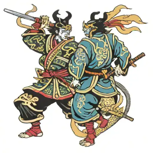 Samurai Fighting With Oriental Dragon With Kabuki Mask