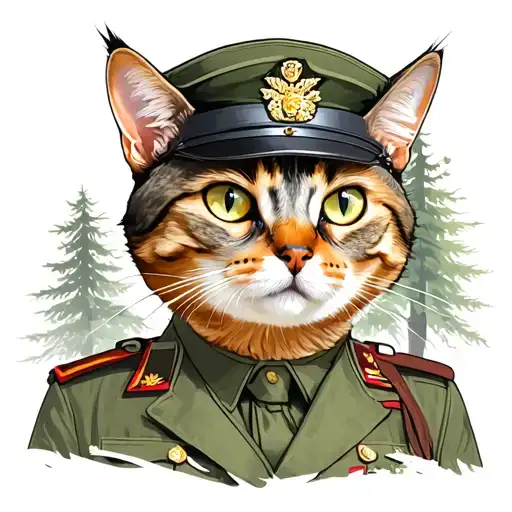 Cat In Military Uniform Against The Background Of The Forest