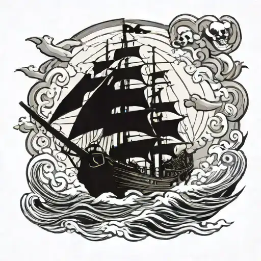 Skeleton Driving Pirate Ship Sailing Through Stormy Seas