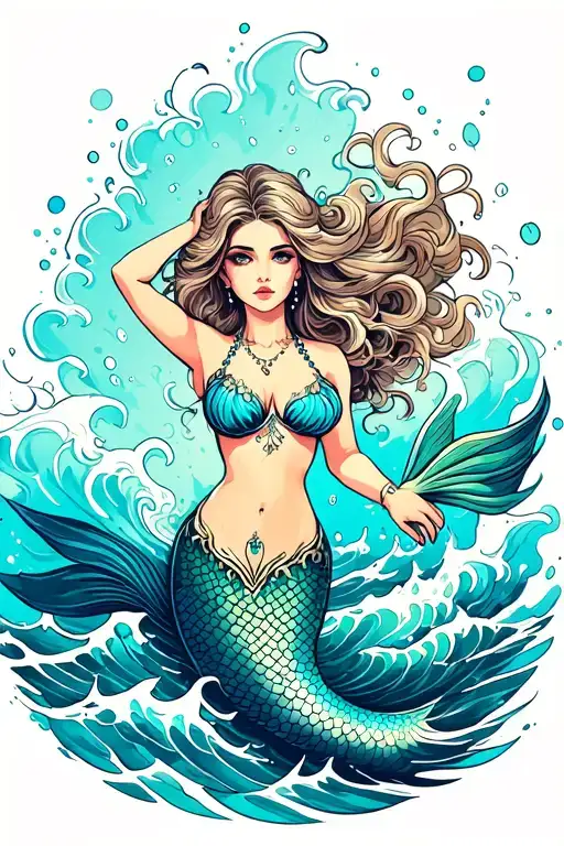 Neo-traditional Mermaid With Waves Splashing Up Around Her And She Has Her Hand In Her Hair