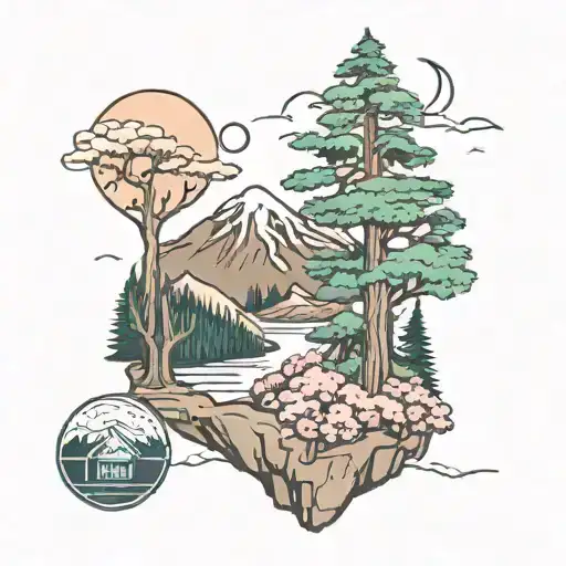 Mt Rainier On Top With Pine Tree Forrest On Bottom With Cherry Blossom Trees And Cacti