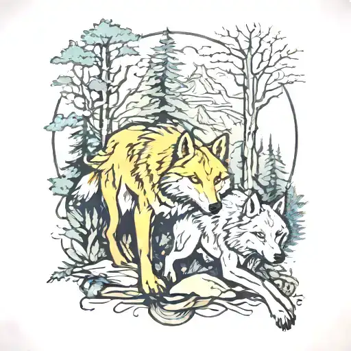 Wolves And Forest Scene