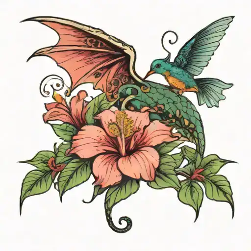 Dragon With Hibiscus Flowers And A Hummingbird On One Of The Hibiscus Flowers