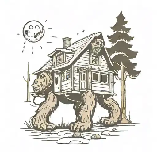 Bigfoot And An Alien Space Ship In The Woods By A House