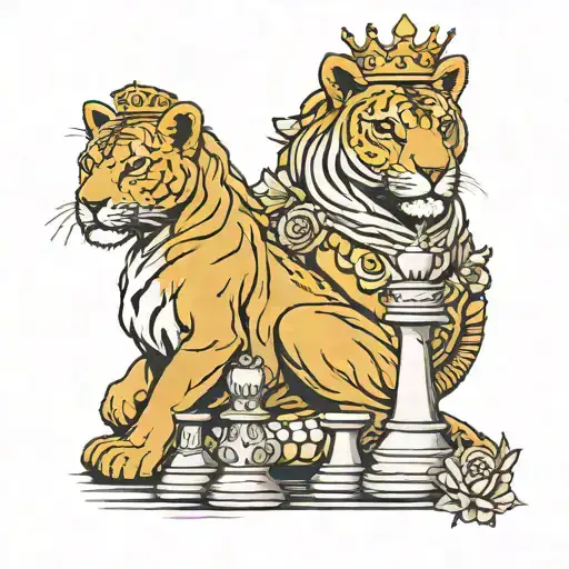 Queen Chess Piece And Lioness Protecting Her Cubs