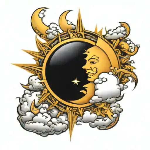 Sun And Moon With Clouds Surrounding
