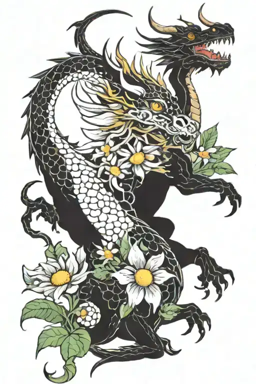 Dragon And Taurus With Daisies And Sweet Pea Flowers