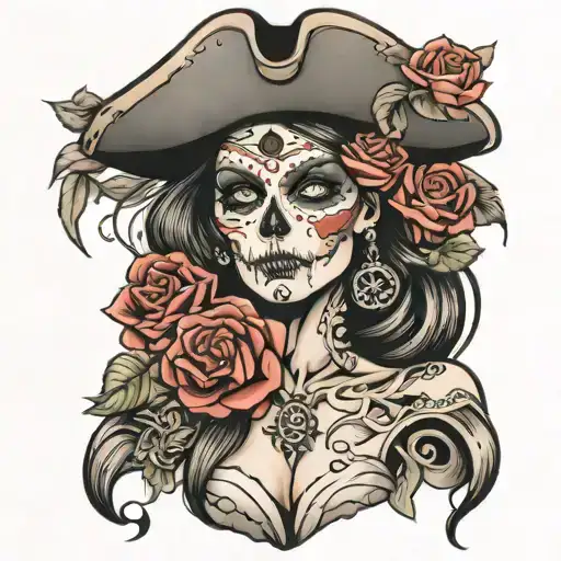 Pirate Captain Girl Day Of Dead Surrounded By Roses