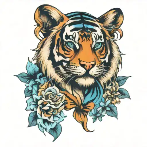 Tiger Face With Blue Eyes And Women Posing