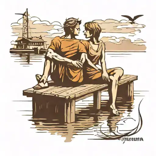 Silhouette Of A Brother And Sister Sitting On The Dock Of The Bay