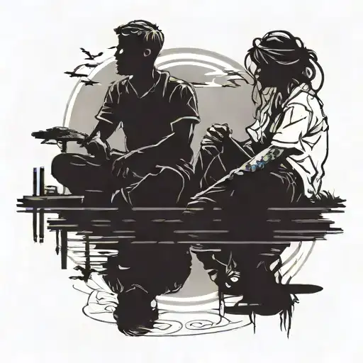 Silhouette Brother And Sister Sitting On The Dock Of The Bay