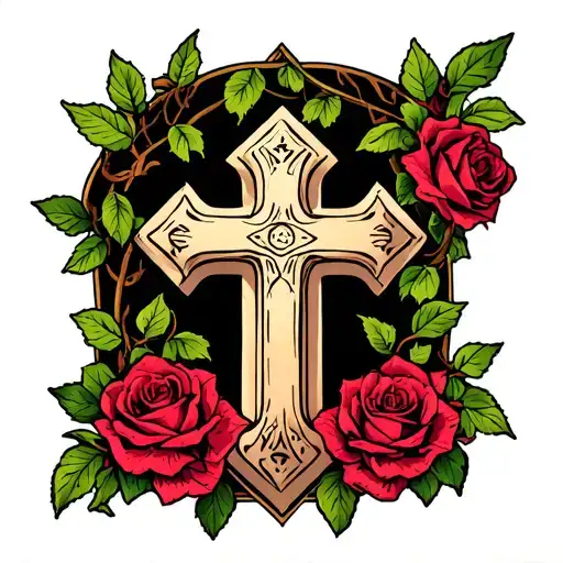 Cross With Vine Under With Roses At The Corners