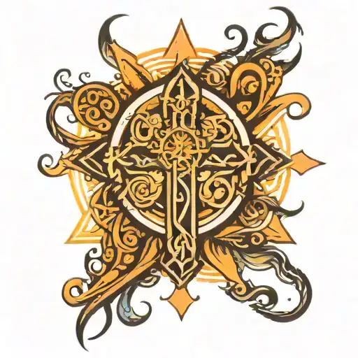 Sun Rays Behind A Cross Connected To Tribal Symbols