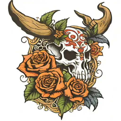 Half Sleeve Long Horn Skull With Alabama Flowers