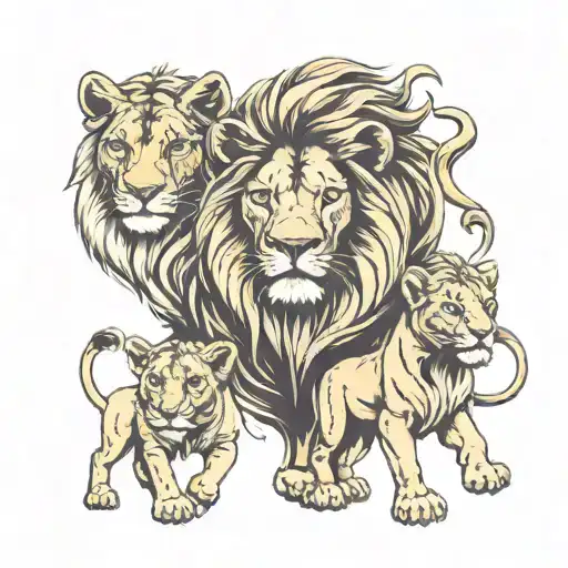 Lion An Lioness With Four Cubs