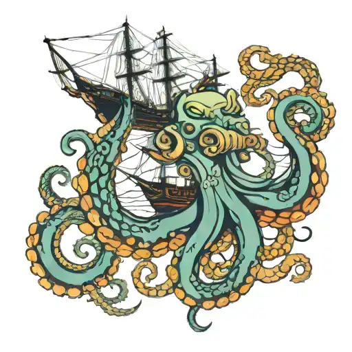 Octopus And Ship Sailing Through A Sea