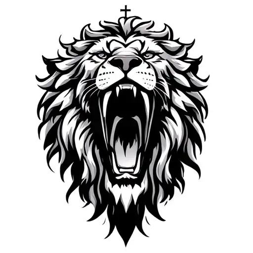 Lion Roaring With Cross Inside Its Mouth