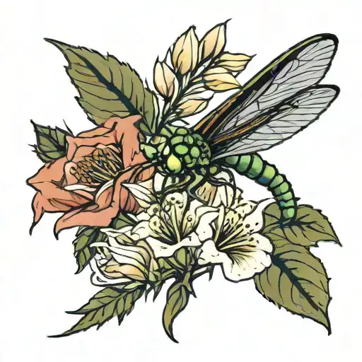 Okra And Flowers With A Dragon Fly