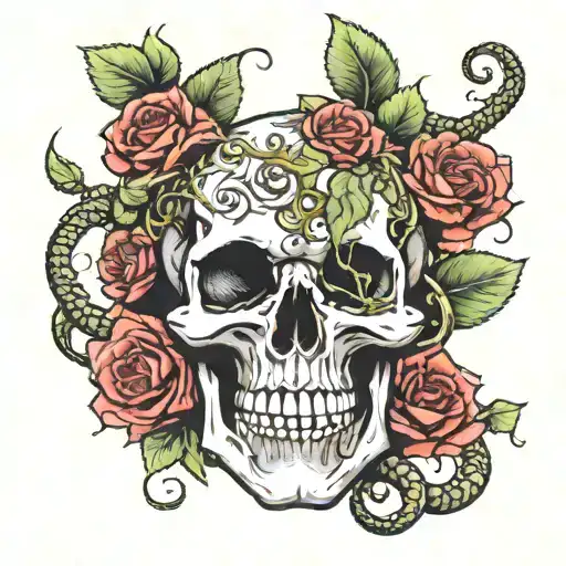 Skull With 4 Snakes And Vines And Roses Growing