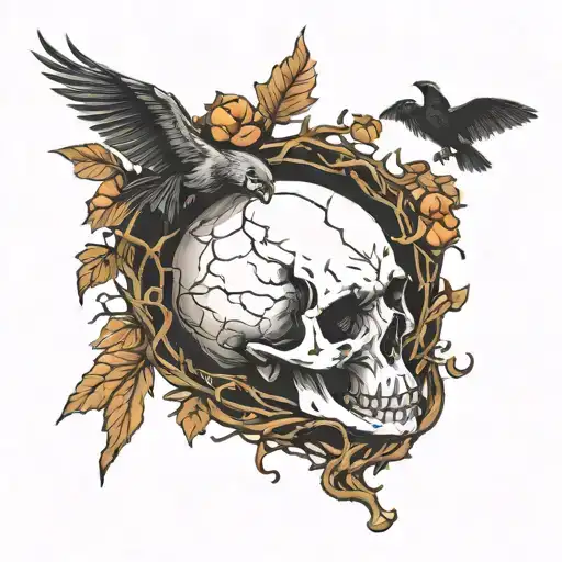 Skull With Crow Tree And Bat Sleeping Upside Down