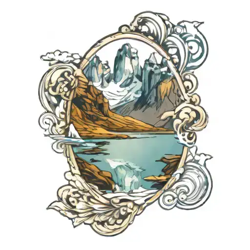 Torres Del Paine National Park With Mountain And Sun Reflection On The Clear Water Below