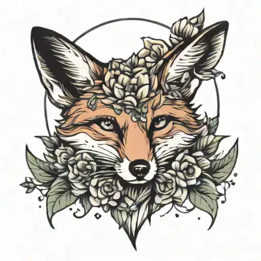 Fox With Flowers And Moon And Stars