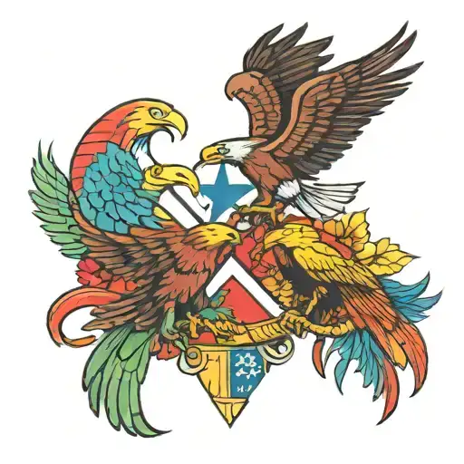 Eagle And Quetzal Fighting Over Flags
