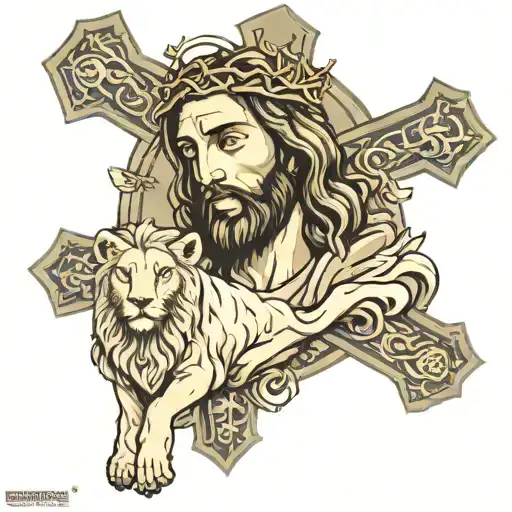 Jesus With Lion And Lamb 3 Crosses