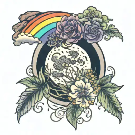 I Want An Image For A Tattoo That Contains A Rainbow-colored Moon And A Never-forget Flower