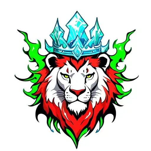 A Lion With Green And Red Flames Behind It And A Blue Ice Crown