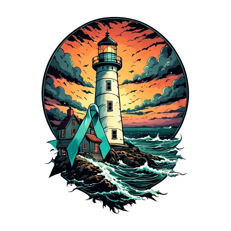 A Lighthouse In A Stormy Weather With A Ovarian Cancer Ribbon Around It