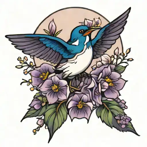 Swallow Bird And Purple Moon And Flowers