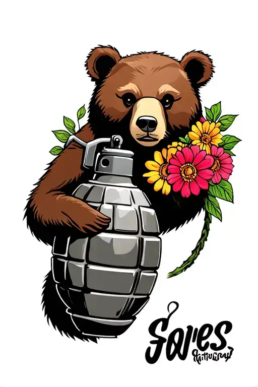Bear Holding Grenade With Flowers