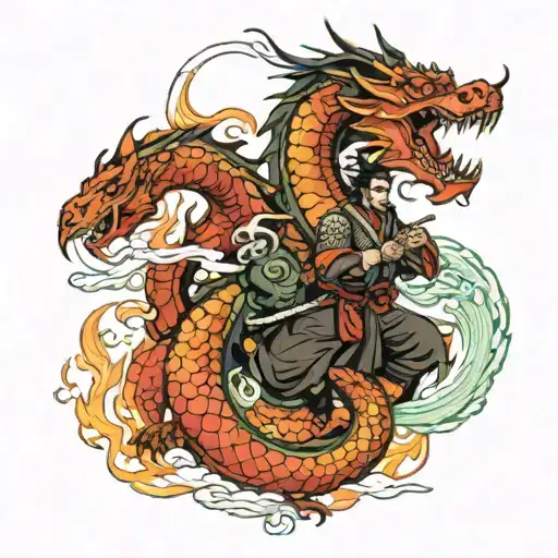 Samurai And Scales With Fire Breathing Dragon