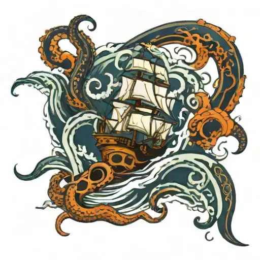 Tentacles Attacking Sailing Vessel On The Ocean